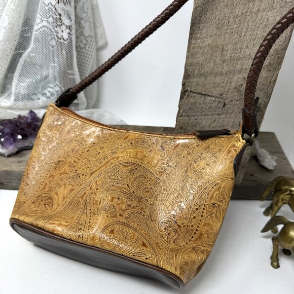 Embossed Tan Paisley Shoulder Bag With Brown Braided Strap By Relic - Picture 3 of 9